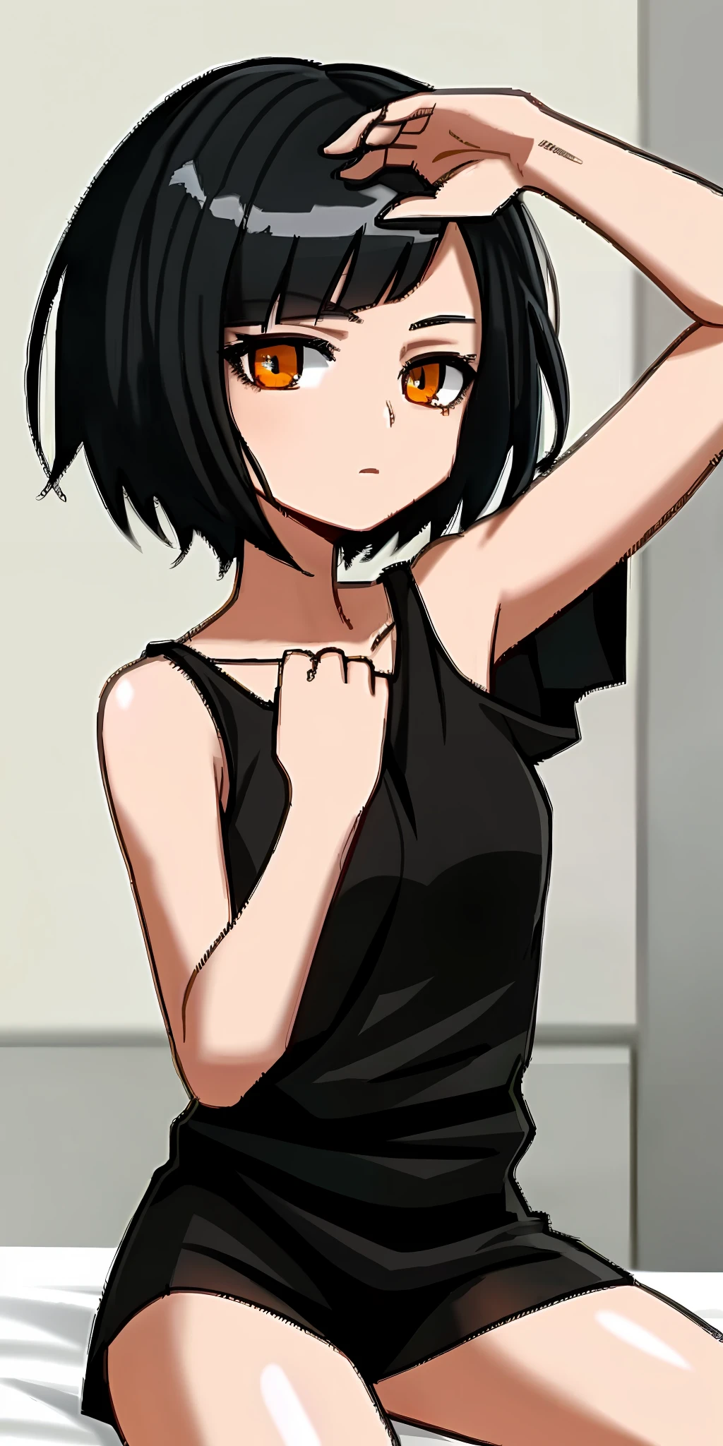 Anime girl with black hair and orange eyes sitting on a bed - SeaArt AI