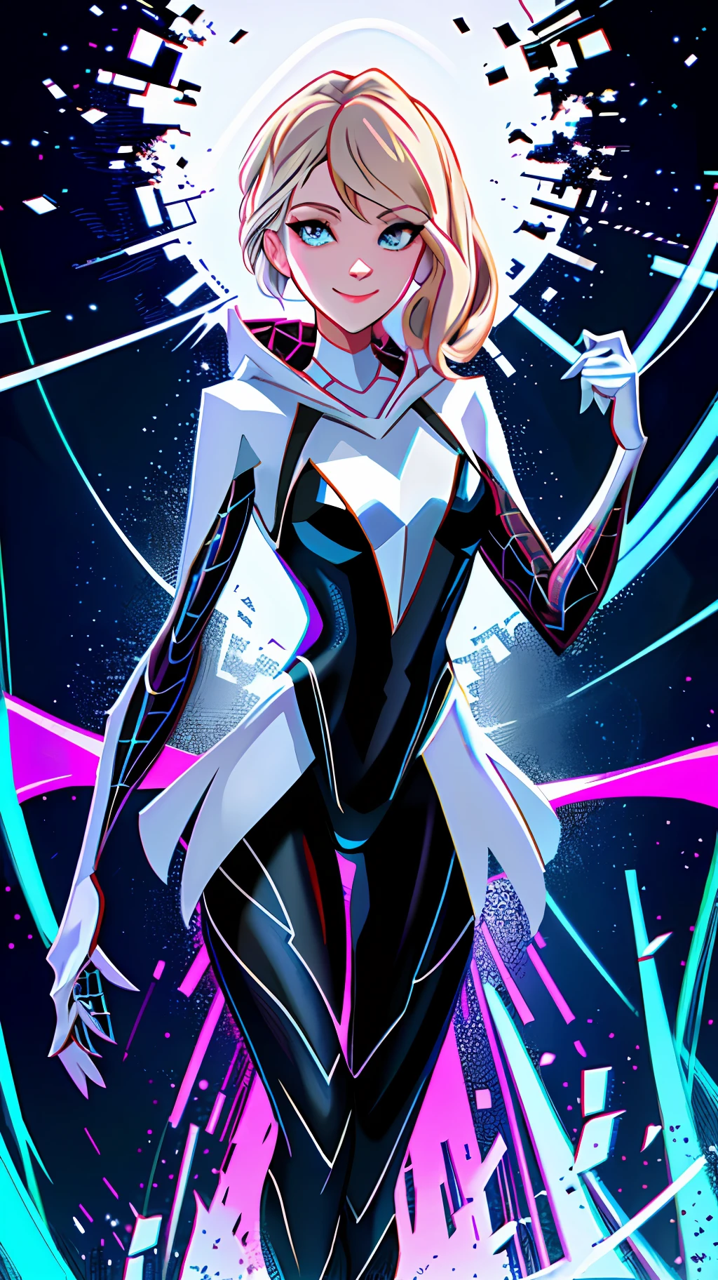 Gwendolyn Stacy from into the spiderverse, in the style of into the spiderverse movie, stood up, looking at the camera, pitch black background, OLED wallpaper, white suit, smiling