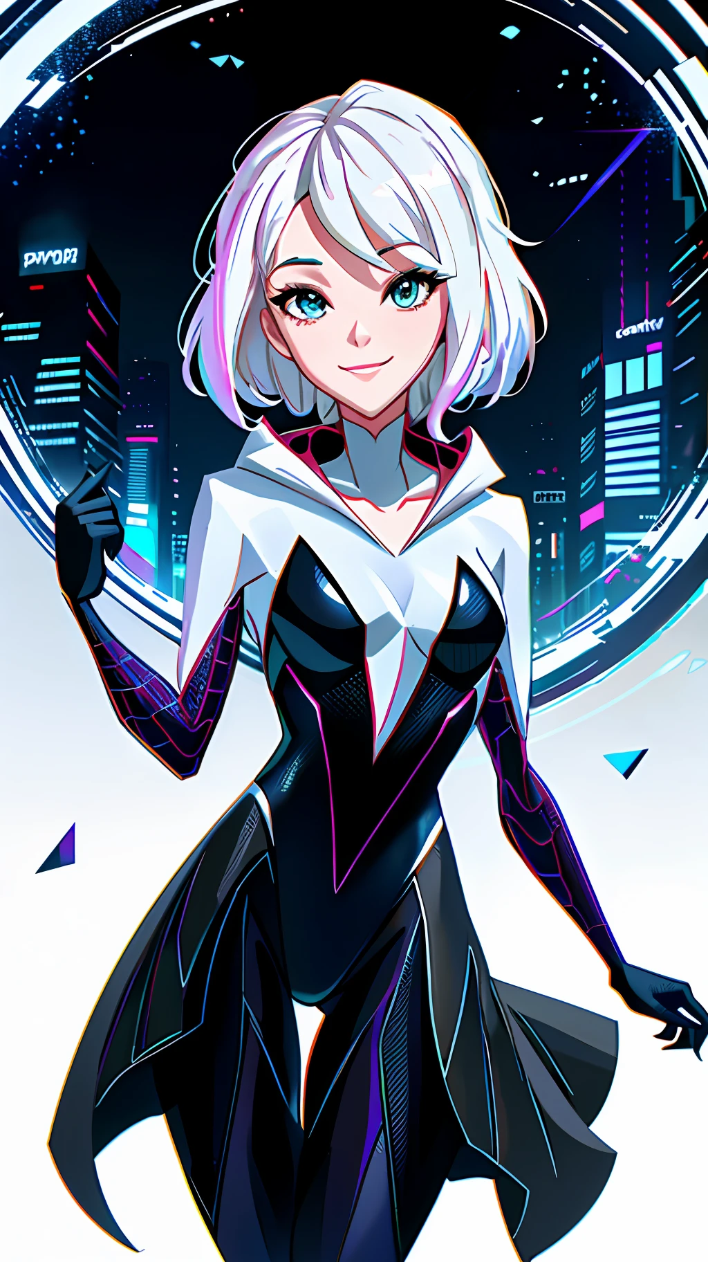 Gwendolyn Stacy from into the spiderverse, in the style of into the spiderverse movie, stood up, looking at the camera, pitch black background, OLED wallpaper, white suit, smiling