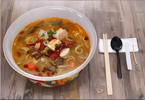 There is a bowl of soup with chopsticks and spoon, soup, delicious, healthy, hot food, warm sunshine, realistic photos delicious pho, Sichuan, delicious, warm, ramen, Chinese food, chicken, very delicious, good soup, super delicate 8k CG.