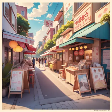 There are anime scenes of Xiaoice ice cream shop with cats and birds, official artwork, propaganda art, colorful anime movie background, official art, anime background art, ice cream food stall, official illustration, making art, official fan art, mobile g...