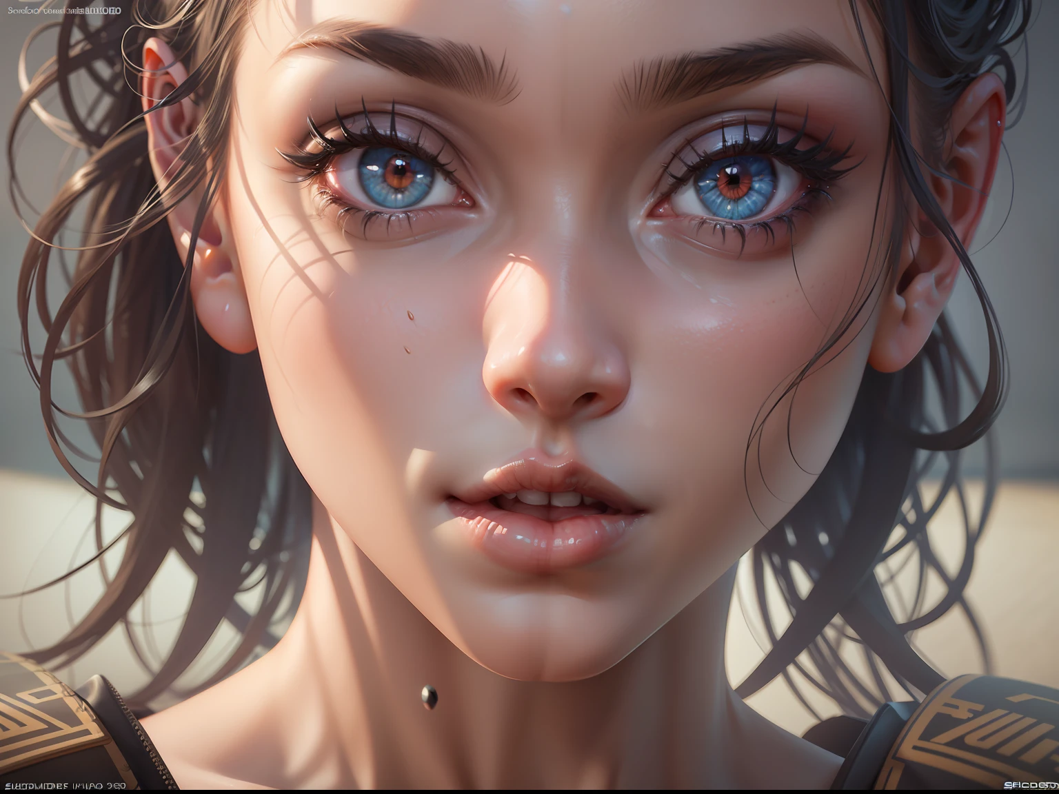 A close up of a woman with blue eyes and a brown dress - SeaArt AI