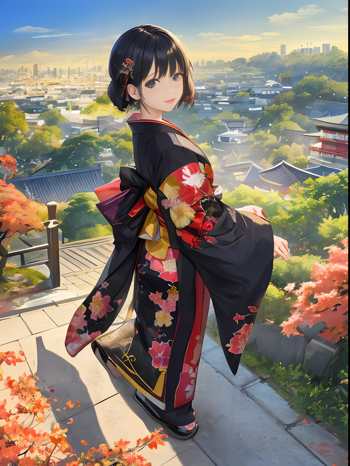 Beautiful girl, wearing kimono, Japan style, black hair, Kyoto cityscape, in morning haze