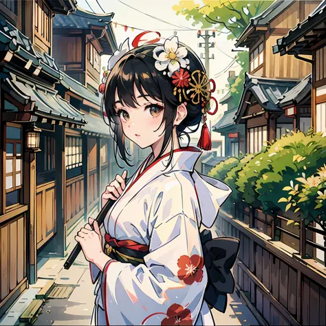 Beautiful girl, white kimono, wearing kimono, Japan style, black hair, Kyoto cityscape, in morning haze --auto --s2