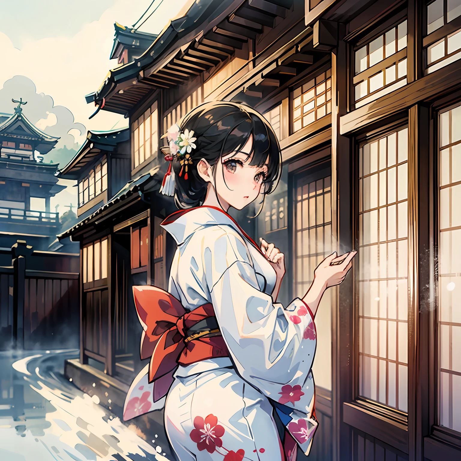 Beautiful girl, white kimono, wearing kimono, Japan style, black hair, Kyoto cityscape, in morning haze --auto --s2