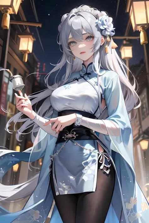 Blue denim leggings, masterpiece superb night moon full moon 1 female mature woman Chinese sister royal sister cold face showing silver white long hair woman light pink lips calm intellectual three banded gray elementary school student assassin lantern lan...