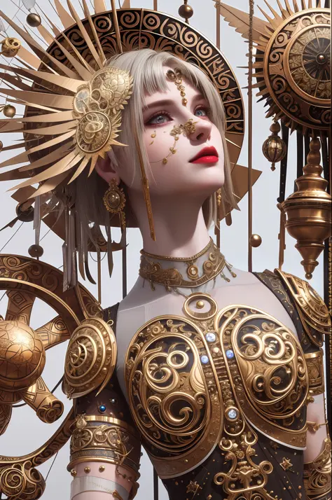 masterpiece, high quality, 3d, 8k cg, intricate details, detailed background, sacred. ornaments, byDylanKowalski, ((1girl)), upper body, muscular, skindentation, looking to the side, short hair, prosthesis, mechanical arms, synthetic skin, porcelain, pearl...