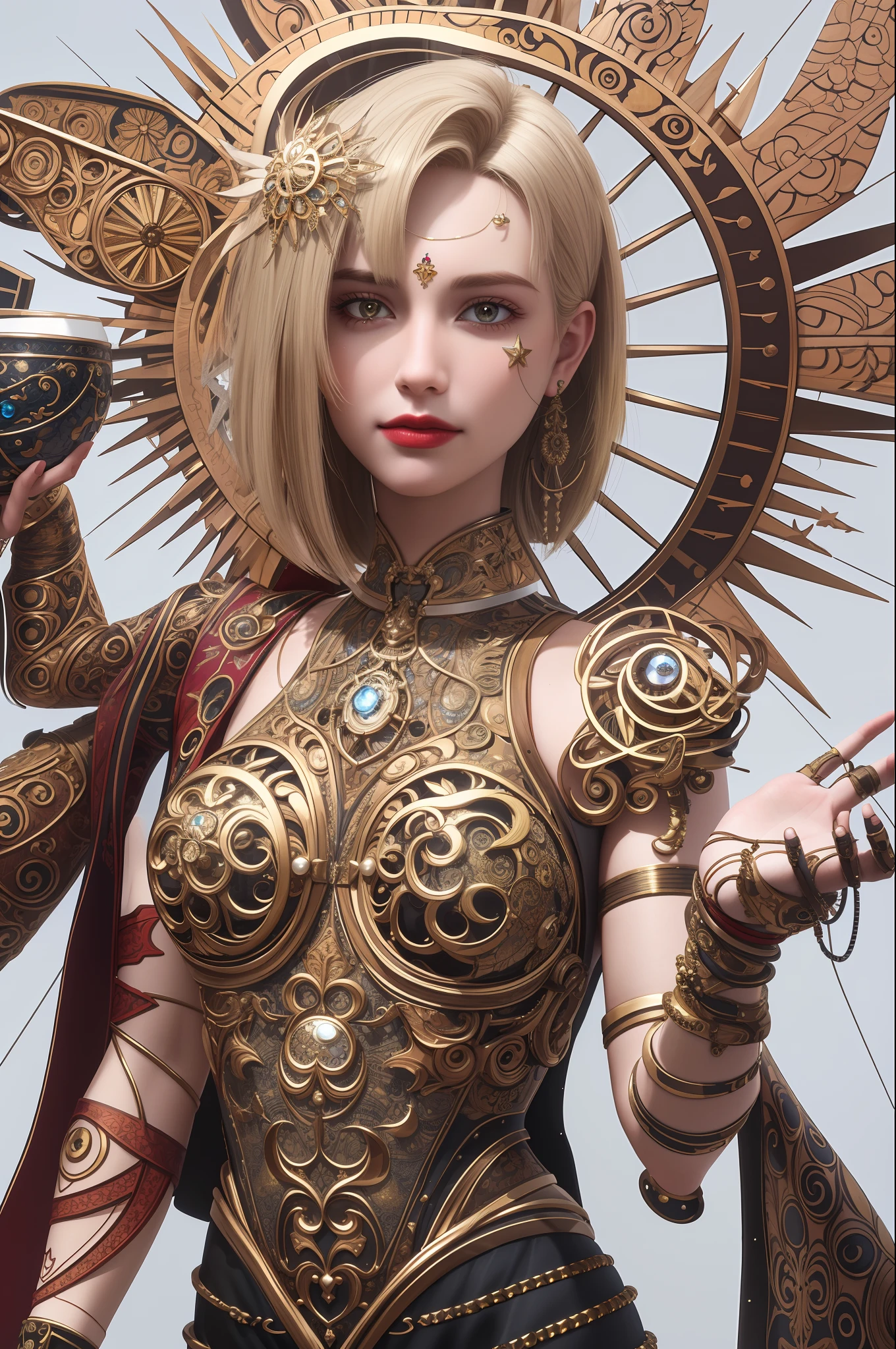 masterpiece, high quality, 3d, 8k cg, intricate details, detailed background, sacred. ornaments, byDylanKowalski, ((1girl)), upper body, muscular, skindentation, looking to the side, short hair, prosthesis, mechanical arms, synthetic skin, porcelain, pearl, holographic, titanium, diamond, ruby, sapphire, gemstones, clockwork, grunge, worn edges, armor,