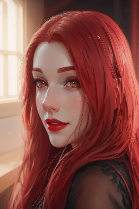 A closeup of a woman with smiling red hair wearing red lipstick, 4K realistic digital art, 4K realistic digital art, realistic art style, RossDraws portrait, realistic art style, photorealistic art style, realistic digital painting, in Bowater's art style,...