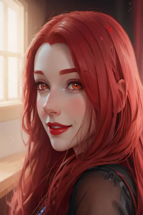 A closeup of a cheerful woman with smiling red hair wearing red lipstick, 4K realistic digital art, 4K realistic digital art, realistic art style, RossDraws portrait, realistic art style, photorealistic art style, realistic digital painting, in Bowater art...