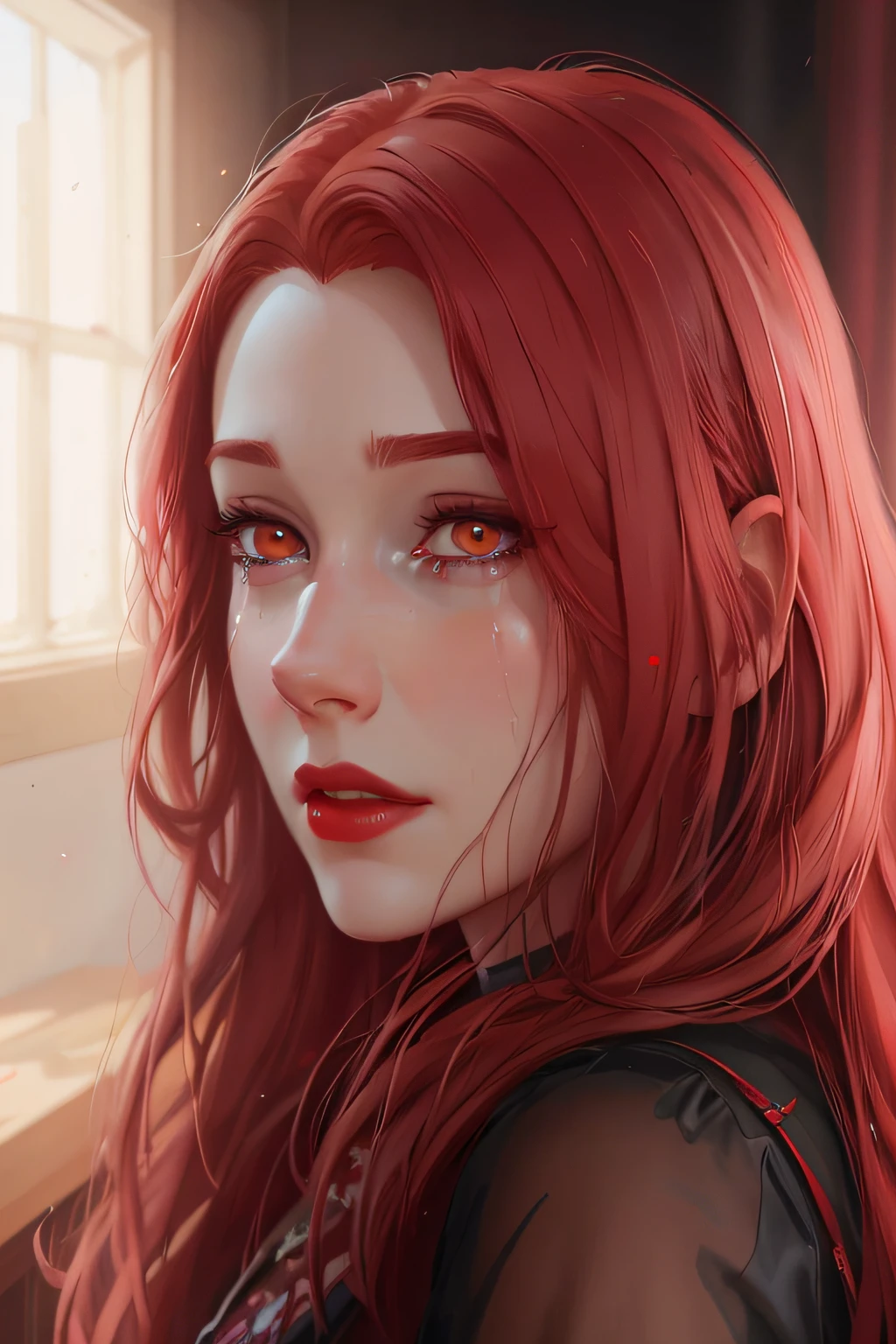 A closeup of a sad woman with crying red hair wearing red lipstick, 4K realistic digital art, 4K realistic digital art, realistic art style, RossDraws portrait, realistic art style, photorealistic art style, realistic digital painting, in Bowater art style, 4k highly detailed digital art, Guweiz style art