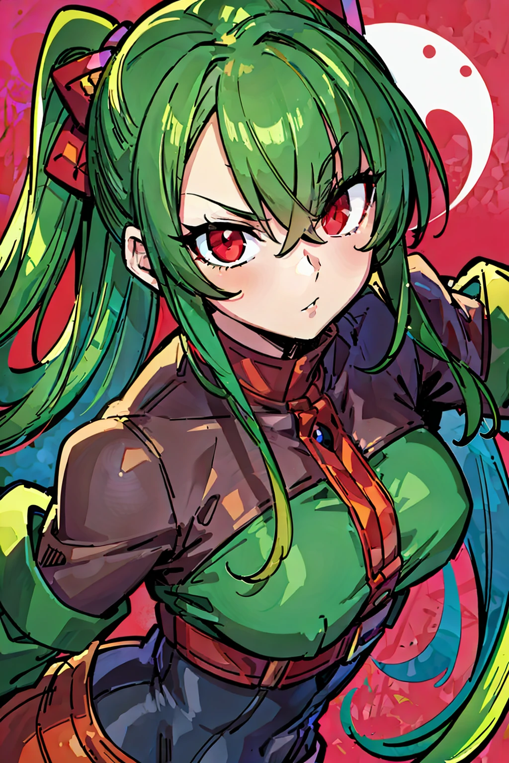 masterpiece, high quality, (anime), best quality, 1girl, very detailed eyes and face, very detailed background, long green and red shirt, dynamic pose, dynamic light, full body, hair collected and red and green, background: electric storm, long dark blue pants, star and red eyes,