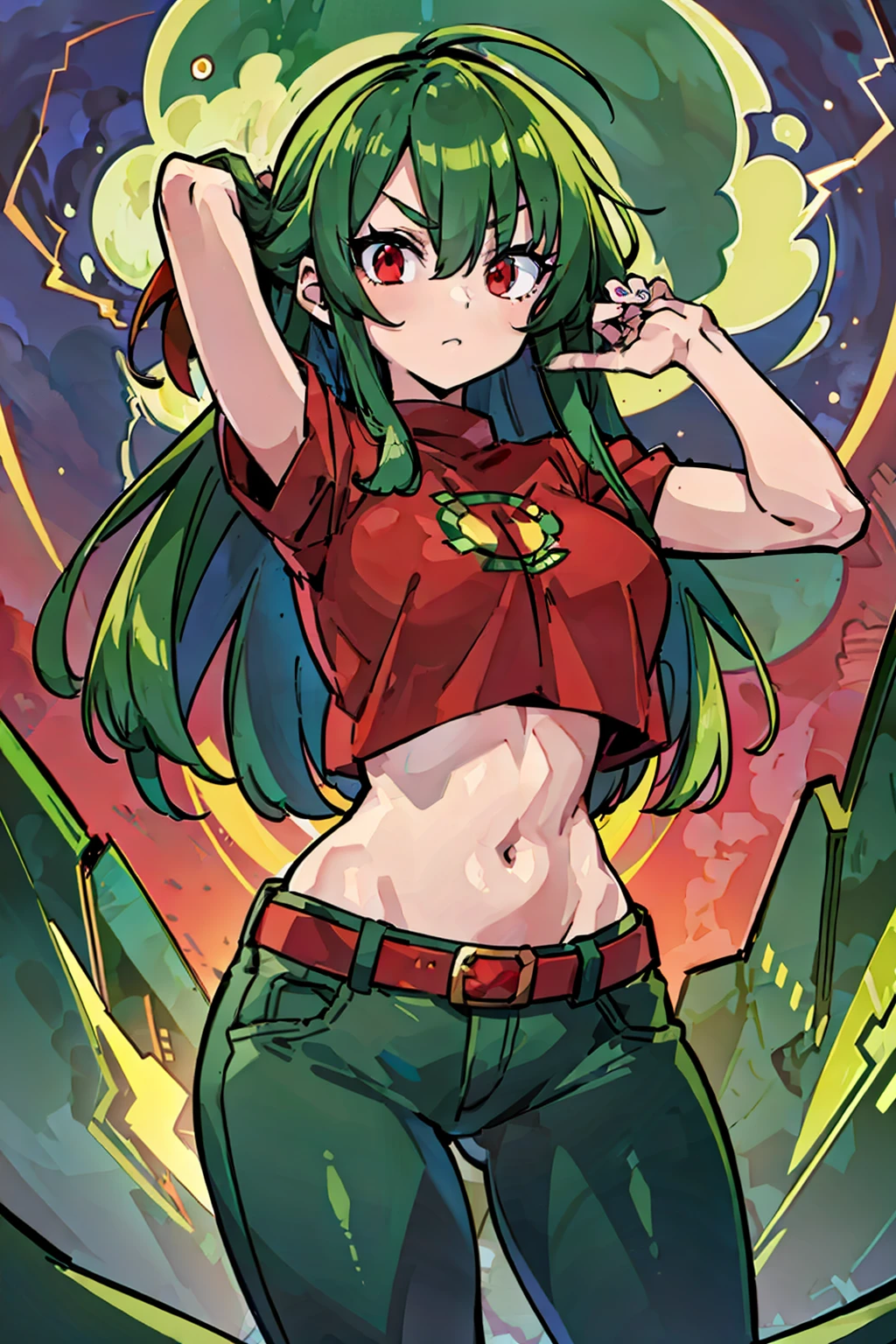 masterpiece, high quality, (anime), best quality, 1girl, very detailed eyes and face, very detailed background, long green and red shirt, dynamic pose, dynamic light, full body, hair collected and red and green, background: electric storm, long dark blue pants, star and red eyes,