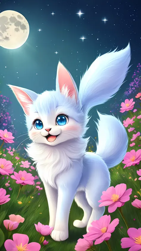 A kitten with a tiny tail, a small nose, small ears, blue eyes, pink background, flowers, vases, dreams, open mouth, smile, Caroline Chariot-Dayez pastels, tumblr, furry art, elokitty, Disney's Bambi cat, Disney's stylized furry, ears floating, fluffy tail...