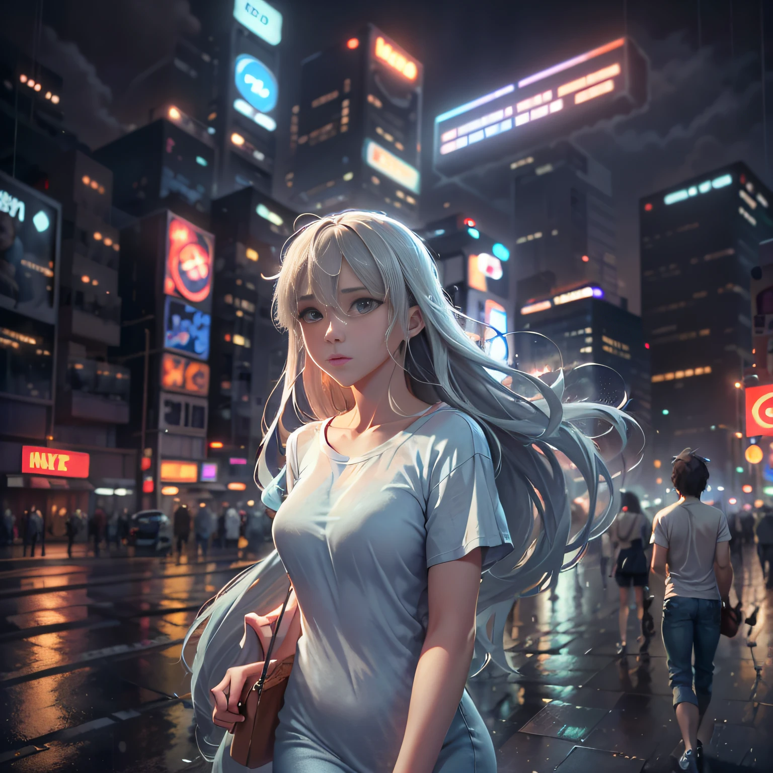 At the crossroads of big cities, on a rainy night, a handsome boy wears a white T-shirt with jeans, and a beautiful girl wears a light blue dress, with long flowing hair and a sweet face. Passing by, surrounded by the hustle and bustle of the cityscape. HD image, 4K