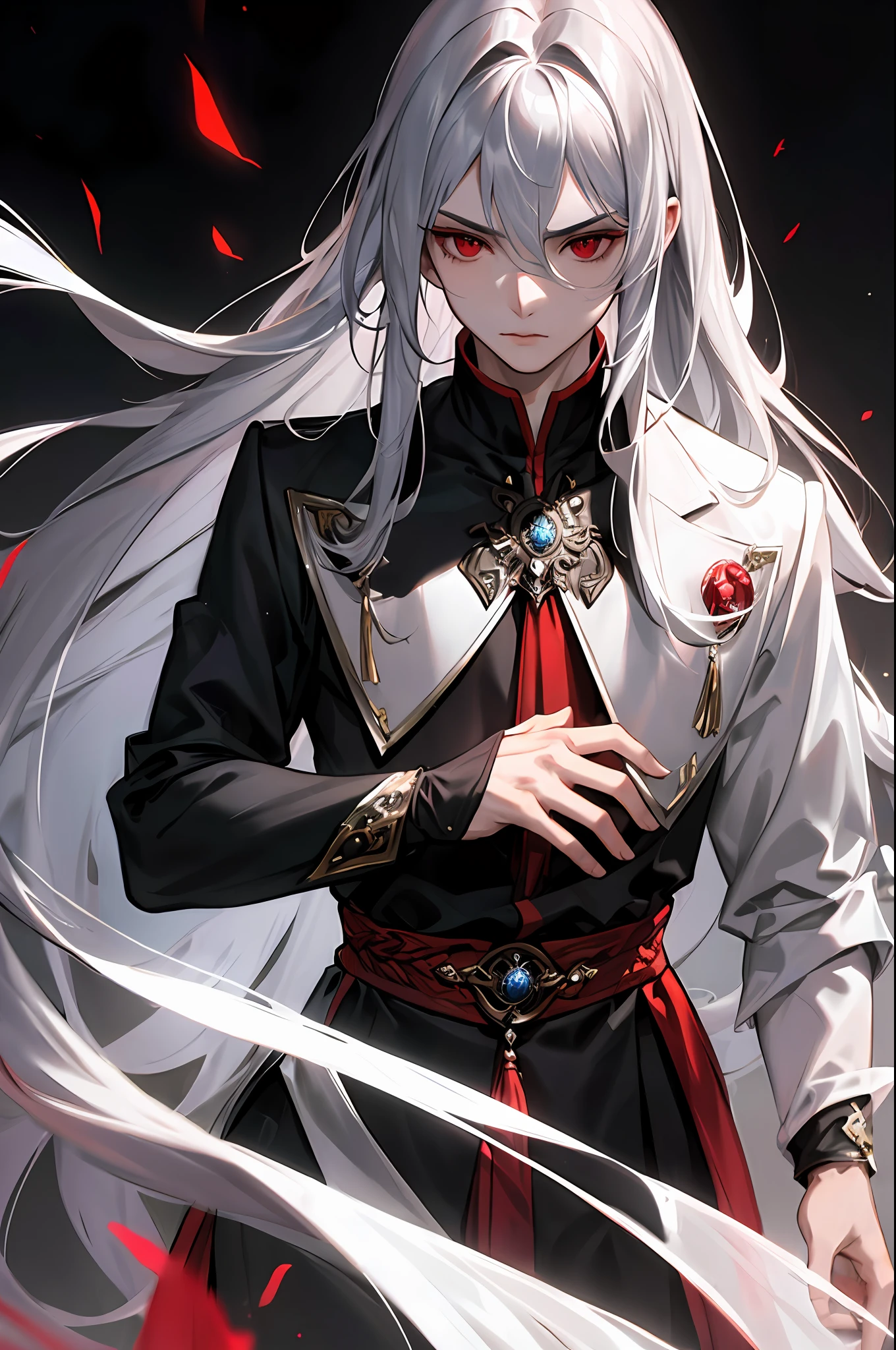 (Best Quality), (Masterpiece), Male, Long Hair, Silver Hair, Red Eyes, Mature Philosopher, Serious, Intricate Clothing, Messy Hairstyle, Deep Scene, Dynamic Light Source.