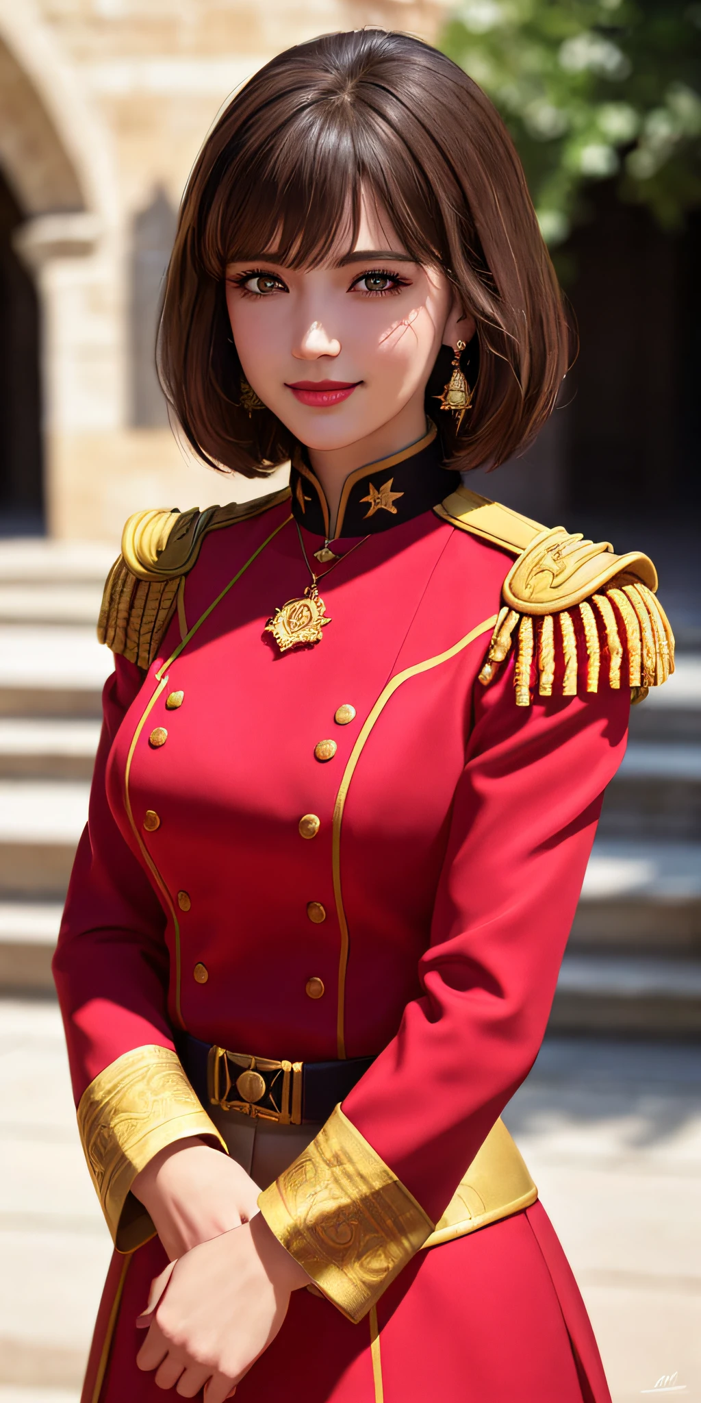 standing in front of castle, aroused, necklace, earrings, full body, short brown hair, red military uniform, superb, ultra-high-definition, RAW photo, realism: 1.25), (bright lip gloss, long eyelashes, smooth face , bright skin, natural shadows, wide light, wide light, depth of field, strong colors, subtle caustics: 0.8), smile, (big tits), v6