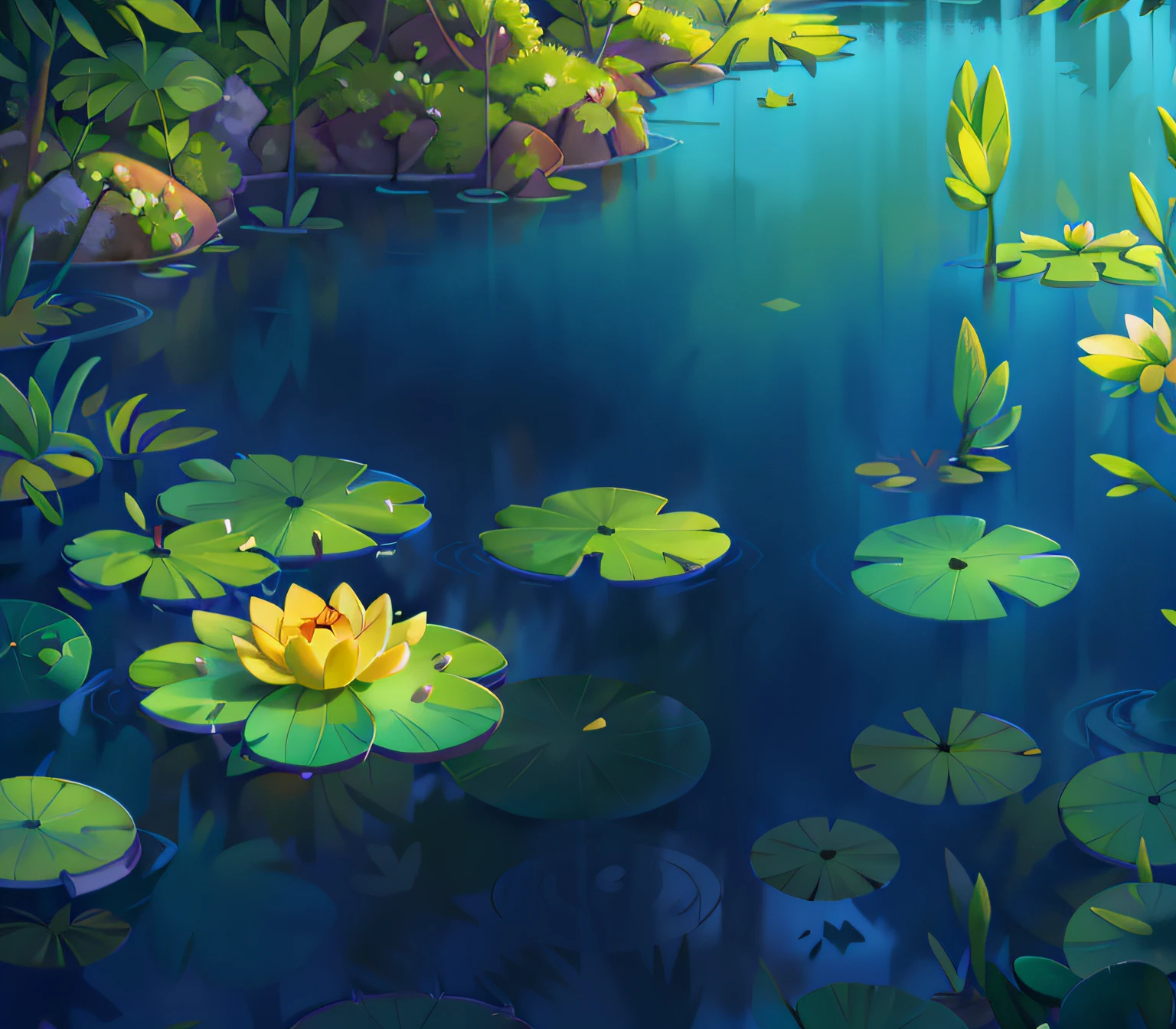 there is a painting of a pond with lily pads and a rock, lily pads, waterlily pads, background artwork, background art, lily pad, green lily pads, detailed digital painting, wallpaper anime blue water, loish and wlop, detailed painting 4 k, painted in anime painter studio, lotus pond, environment painting, very detailed digital painting, digital painting concept art