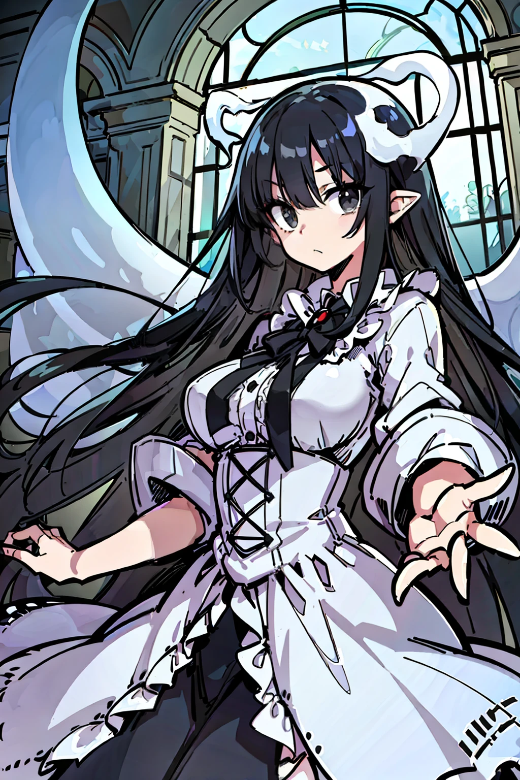 masterpiece, high quality, (anime), best quality, 1girl, very detailed eyes and face, very detailed background, long white dress, dynamic pose, dynamic light, full body, ((very long black hair)), (background: abandoned hopital), black eyes, (((ghost girl))), ((terror))