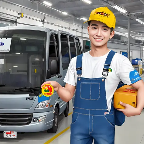 Realistic, express car, express warehouse location, express delivery in both hands, express overalls, sunny smile on face, sweat droplets on face,