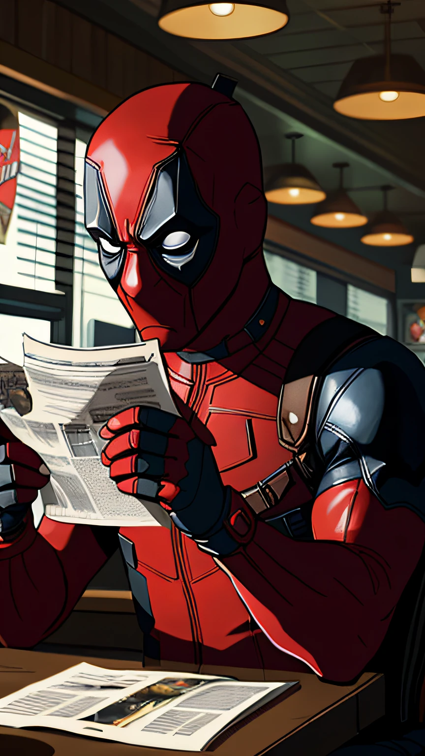 portrait512 Deadpool de Marvel con una máscara leyendo (periódico:0.8) in a diner, una imagen fija de la película cinematográfica Photo512