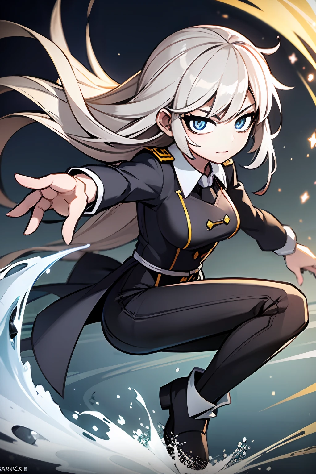 masterpiece, high quality, (anime), best quality, 1girl, very detailed eyes and face, very detailed background, dynamic pose, dynamic light, full body, water hair, (gun), tight and white shirt, black uniform, background: night park, blue eyes,