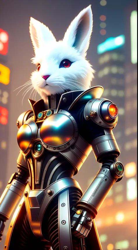 Close-up, furry white rabbit made of metal, robot, cyberpunk style, clockwork device, ((intricate detail)), HDR, (intricate detail, super detailed), cinematic shots, vignette, bokeh effect background