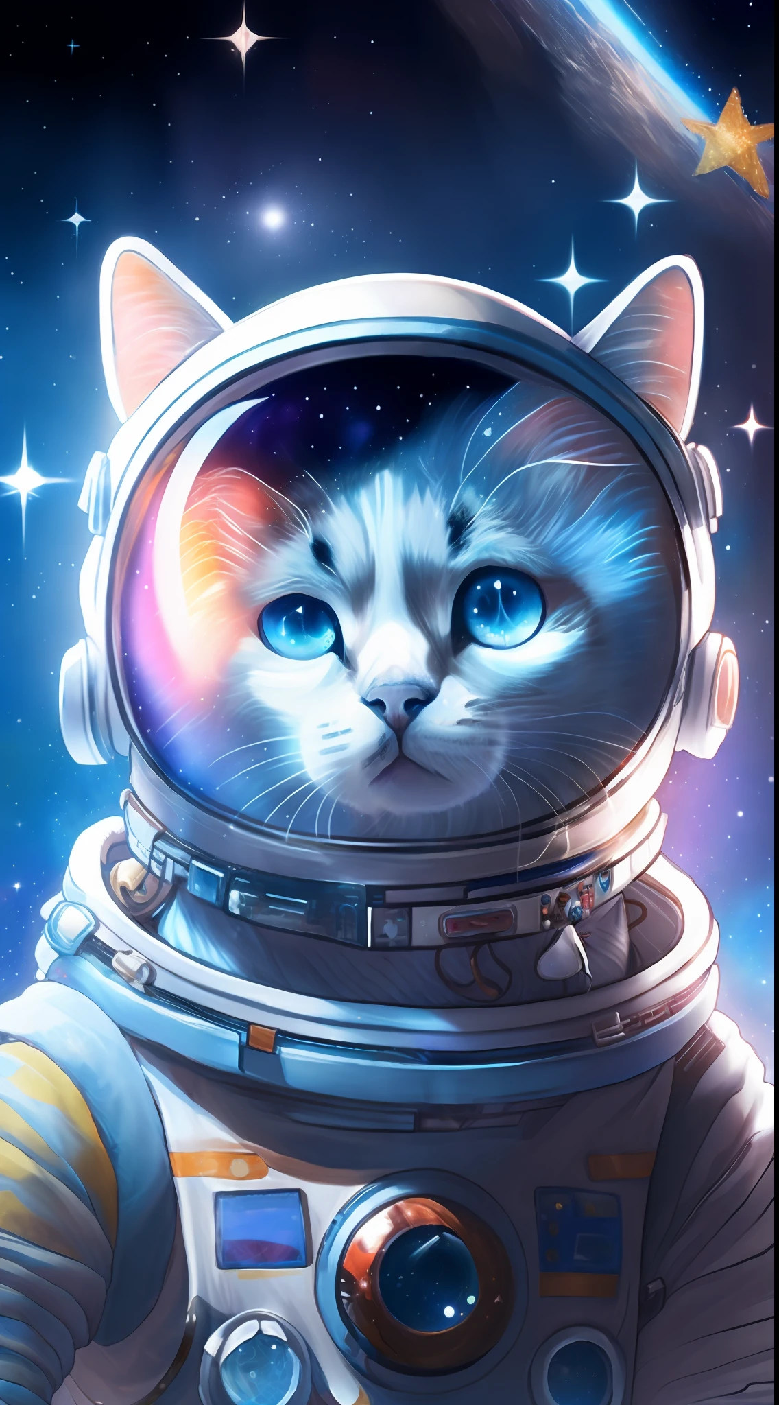 masterpiece, best quality, close-up, space, ((cat) as anastronaut), silver fur, space helmet with cat ears,colorful stars, radiant light, heterochromia,(anime) aesthetic, space art, scifi, cute, simple space suit