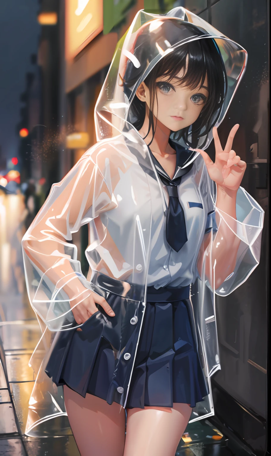 transparent raincoat,cowboy shot,hood up,school uniform,, masterpiece,1girl,cute,rain,sexy,