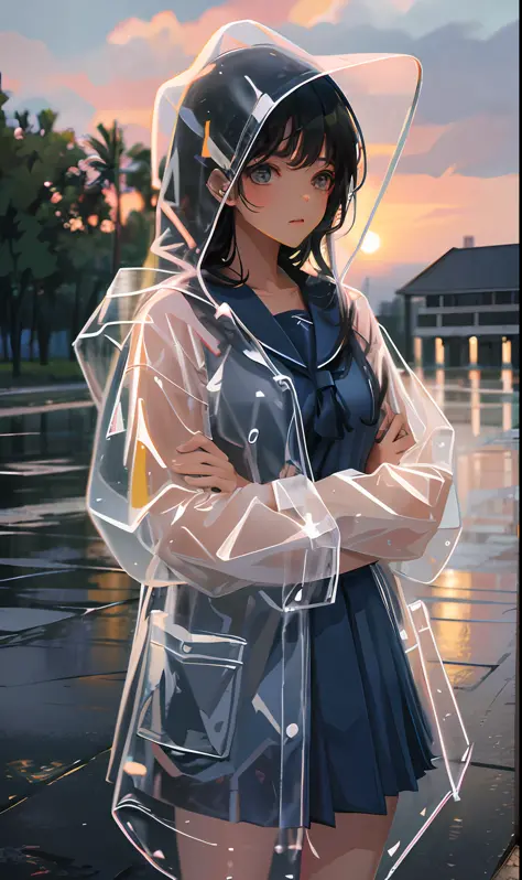 transparent raincoat,cowboy shot,hood up,school uniform,, masterpiece,1girl,cute,rain,sexy,