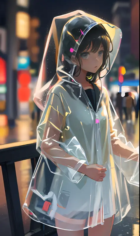 transparent raincoat,cowboy shot,hood up,school uniform,, masterpiece,1girl,cute,rain,sexy,