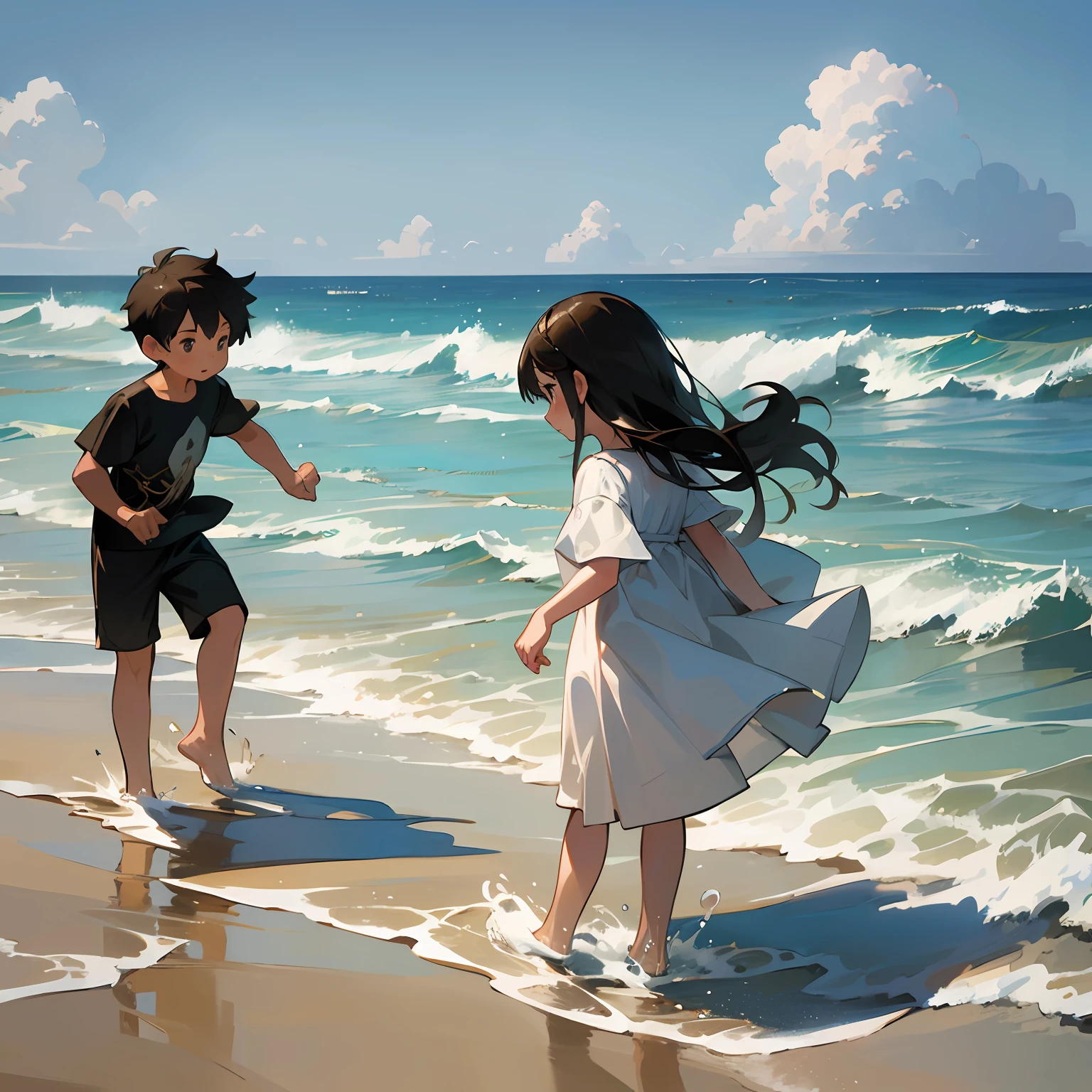 Chico y chica anime caminando por la playa con olas entrando. - SeaArt AI