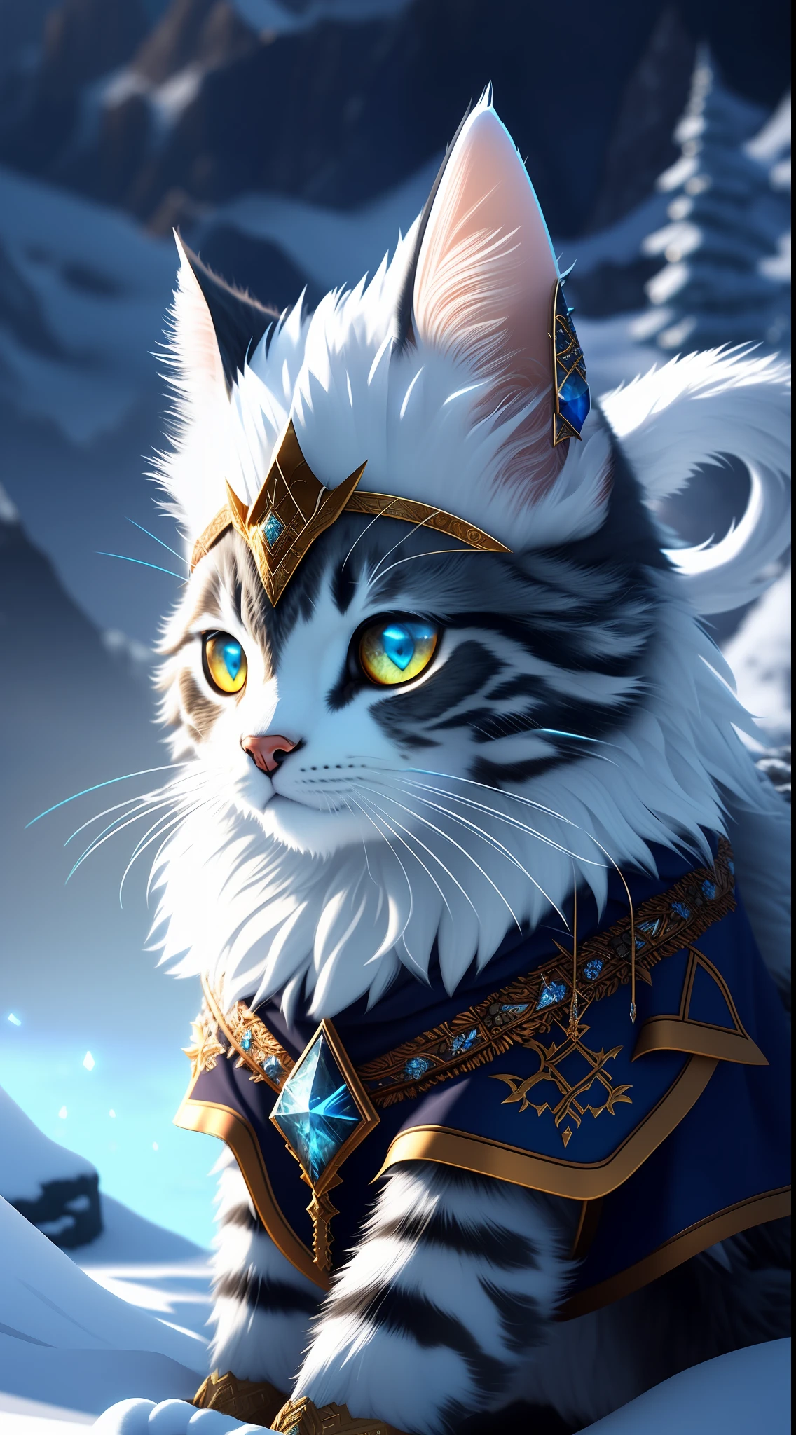 8k rendering,  ice mountain, intricate details, fantasy universe, intricate magical embroidery, very detail hair, very detail eyes, [elden ring|d & d] concept art, rpg portrait, octane render, cinematic lighting, (soft shadow:1.2), depth of field, splash art, art by wlop and greg rutkows,cute cat