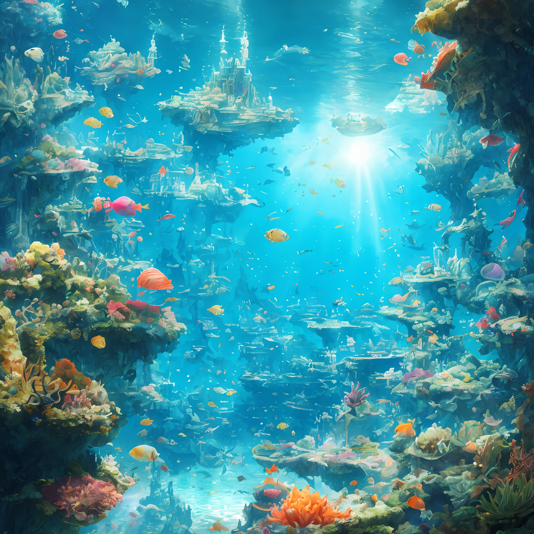 Masterpiece, Top Quality, High Quality, Highly Detailed CG Unity 8k Wallpaper, Deep Sea, Submerged City, Underwater City, Atlantis Island, Sea, Fish, Jellyfish, No Humans, Award Winning Photo, Bokeh, Depth of Field, HDR, Bloom, Chromatic Aberration, Realistic, Very Detailed, Fashionable at Artstation, Fashionable at CGsociety, Complex, High Detail, Dramatic, Art of Intermediate Journey