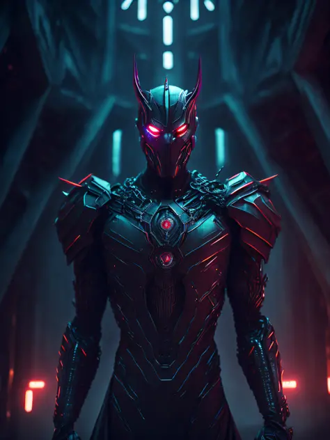 gloomy portrait of Evil Ultron from Marvel with intricate angular cybernetic implants inside a brutalist building, gothic brutalist cathedral, cyberpunk, award-winning photo, bokeh, neon lights, cybernetic limb