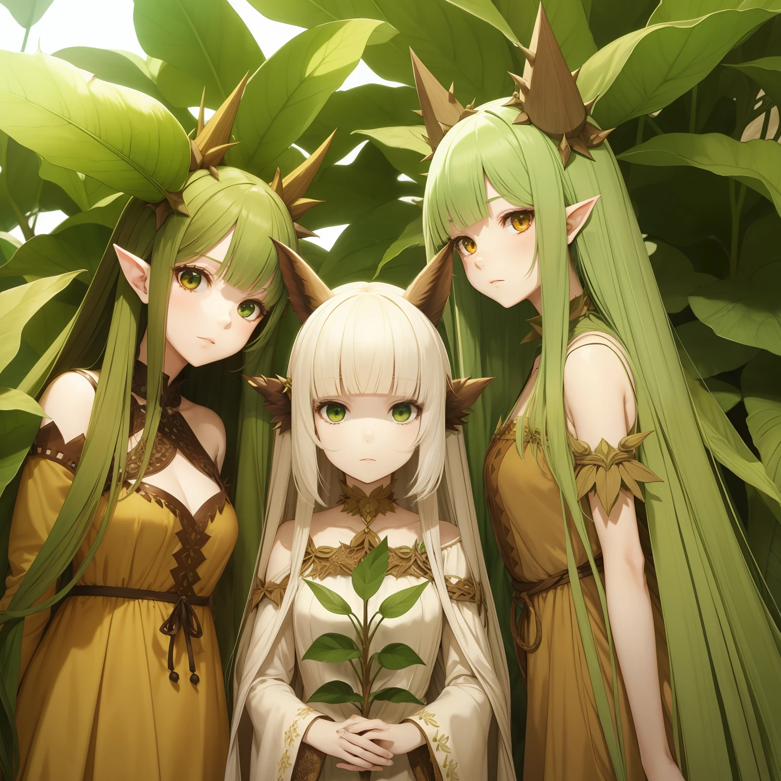 mandragora, (monster girl), pale yellow skin, brown bark dress, green super long super spikey leaf hair, three faces masterpiece, best quality