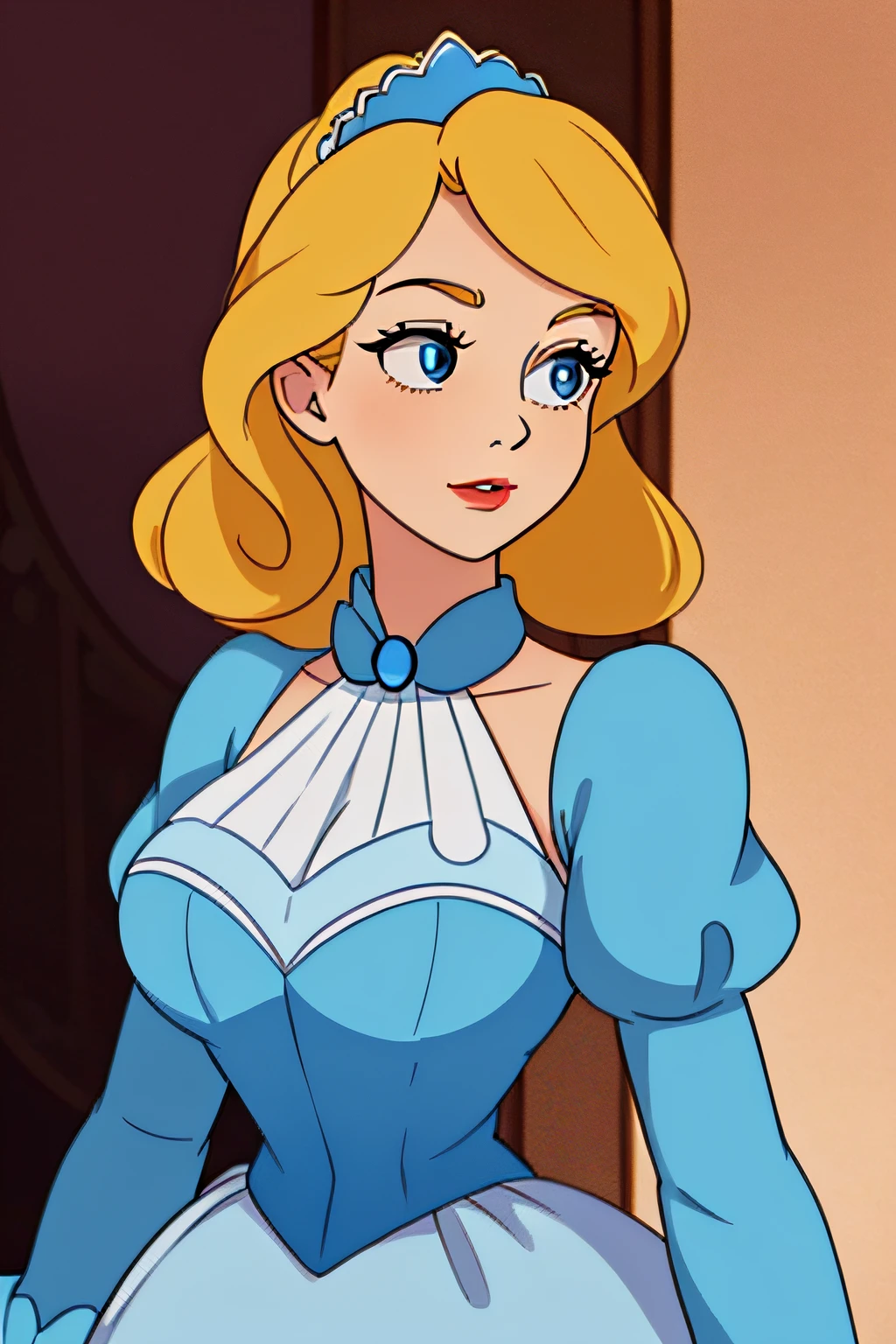 best quality, ((masterpiece)), portrait, Cinderella dressed in a stately and elaborate ballgown with huge puffed sleeves, ((perfect face)), elaborately curled and styled blonde hair, blue eyes (perfect eyes)