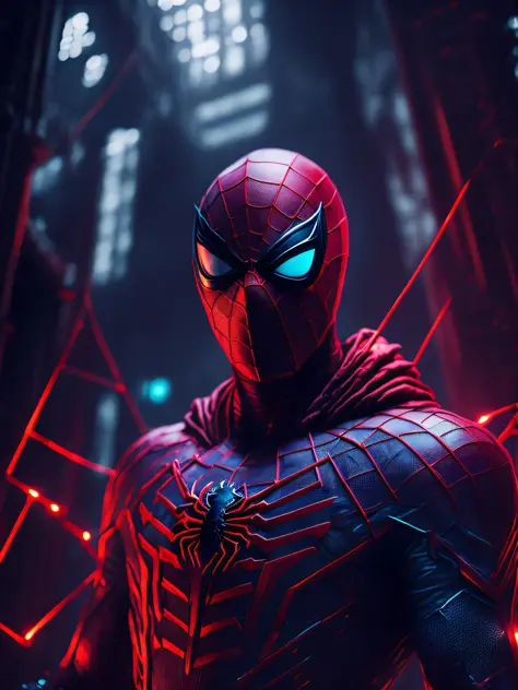 gloomy portrait of Evil Bloody Spider-Man from Marvel with intricate angular cybernetic implants inside a brutalist building, gothic brutalist cathedral, cyberpunk, award-winning photo, bokeh, neon lights, cybernetic limb