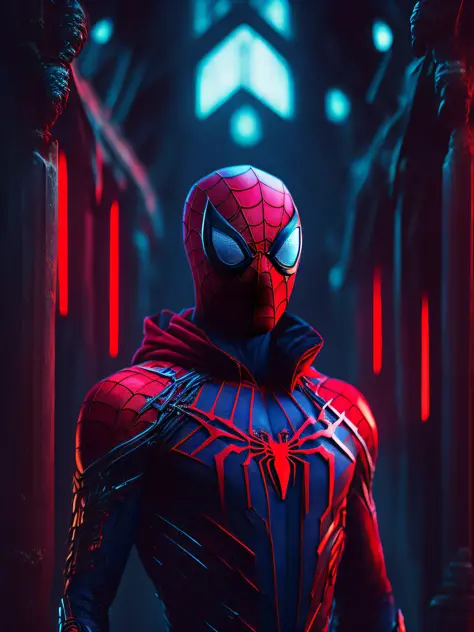 gloomy portrait of Bloody Spider-Man from Marvel with intricate angular cybernetic implants inside a brutalist building, gothic brutalist cathedral, cyberpunk, award-winning photo, bokeh, neon lights, cybernetic limb