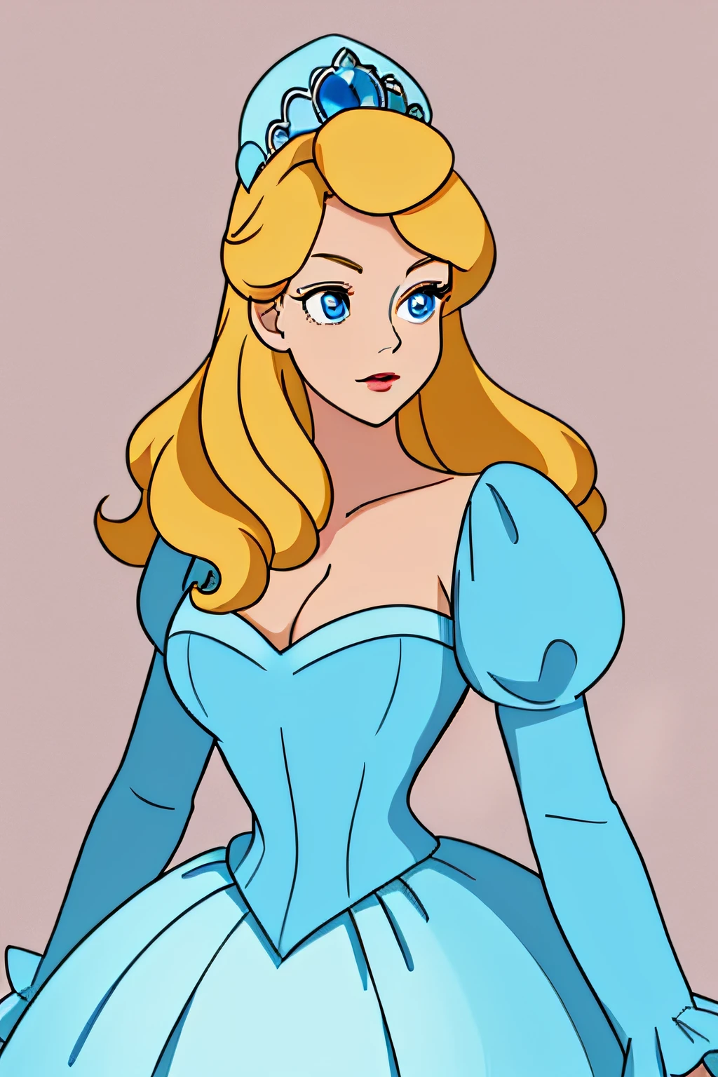 best quality, ((masterpiece)), portrait, Cinderella dressed in a stately and elaborate ballgown with huge puffed sleeves, ((perfect face)), elaborately curled and styled blonde hair, blue eyes (perfect eyes)