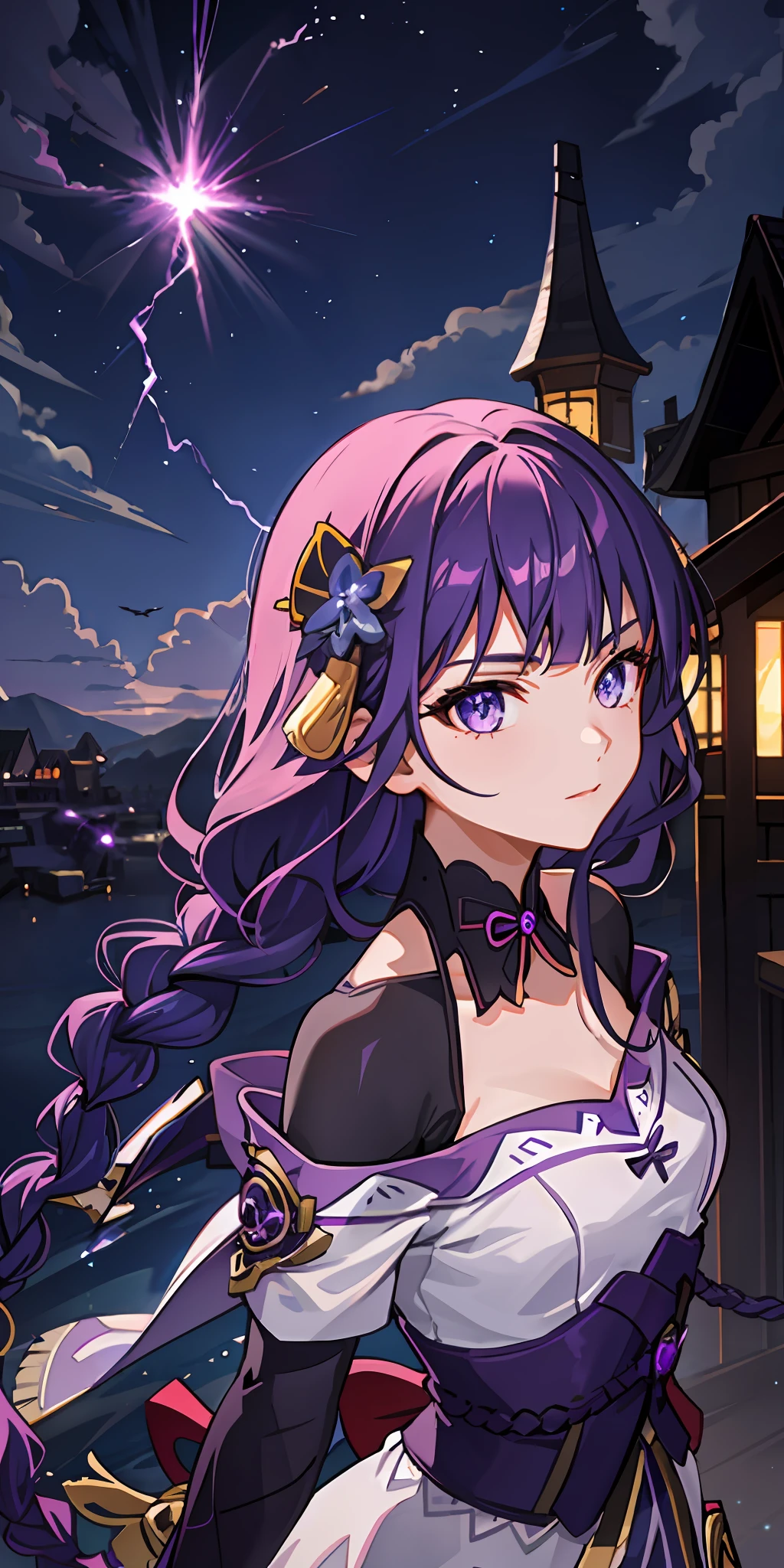 1girl, purple hair, lightning eye, black cliff pole, lightning, lighting striking houses in background, glowing, purple lighting, wallpaper,