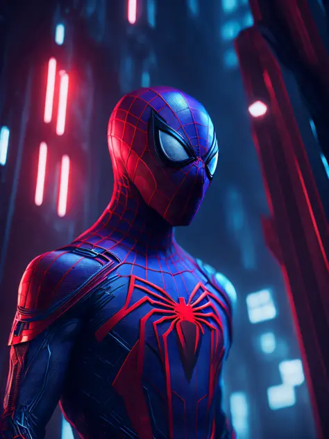 a somber portrait of Spider-Man Killer from Marvel with intricate angular cybernetic implants inside a brutalist building, a gothic brutalist cathedral, cyberpunk, award-winning photos, bokeh, neon lights, cybernetic limb