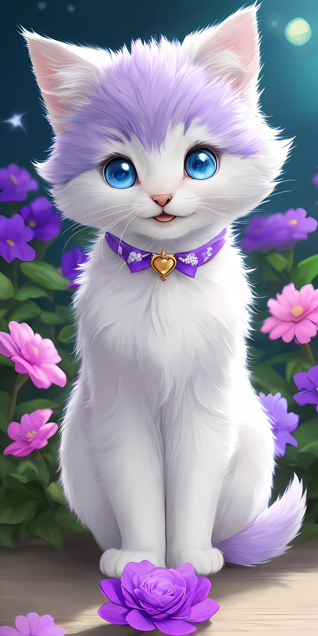 A kitten with a small tail, a small nose, small ears, blue eyes, purple background, flowers, vases, dreams, open mouth, smile, Caroline Chariot-Dayez pastels, tumblr, furry art, elokitty, Disney's Bambi, Disney's styled furry, ears floating, fluffy tail, fluffy '', fluffy !!!, high resolution, furry art!!! Small size