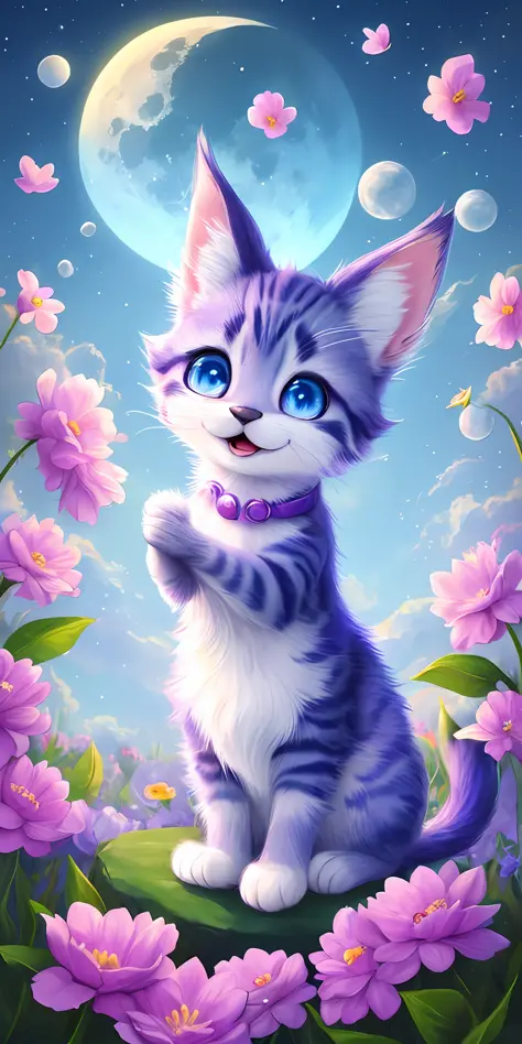 A kitten with a small tail, a small nose, small ears, blue eyes, purple background, flowers, vases, dreams, open mouth, smile, Caroline Chariot-Dayez pastels, tumblr, furry art, elokitty, Disney's Bambi, Disney's styled furry, ears floating, fluffy tail, f...