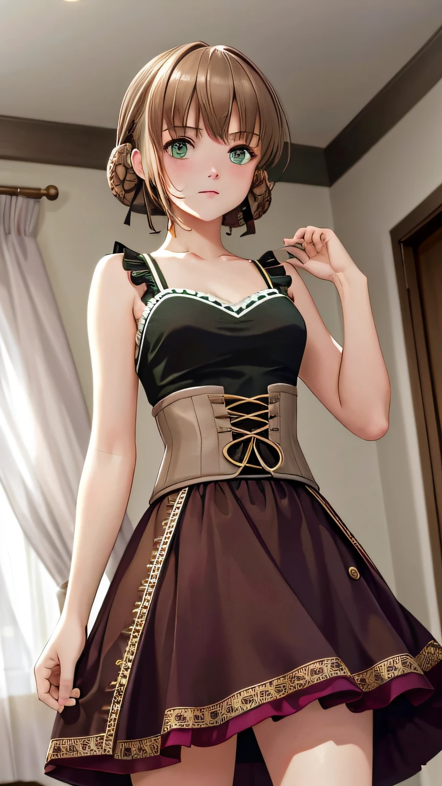 masterpiece, ultra high quality CG, best quality, perfect picture, solo, Duvalie (brown hair with braided buns, green eyes, bustier, cute, small breasts), embarrassed, blushing, sexy dress, shoulders showing, skirt shorts, cowboy shot, looking at the viewer, in a hotel room