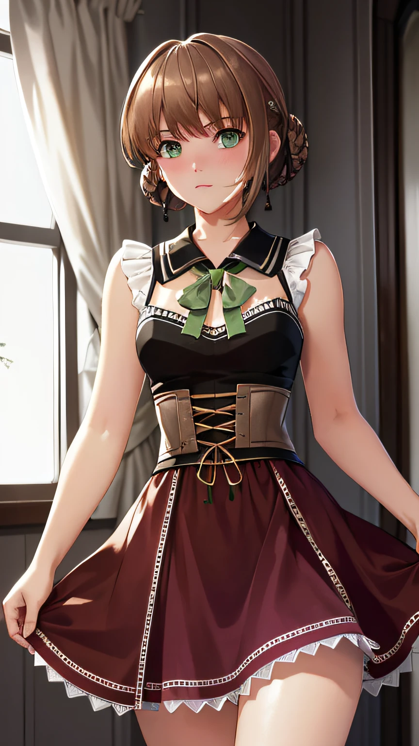 masterpiece, ultra high quality CG, best quality, perfect picture, solo, Duvalie (brown hair with braided buns, green eyes, bustier, cute, small breasts), embarrassed, blushing, sexy dress, shoulders showing, skirt shorts, cowboy shot, looking at the viewer, in a hotel room