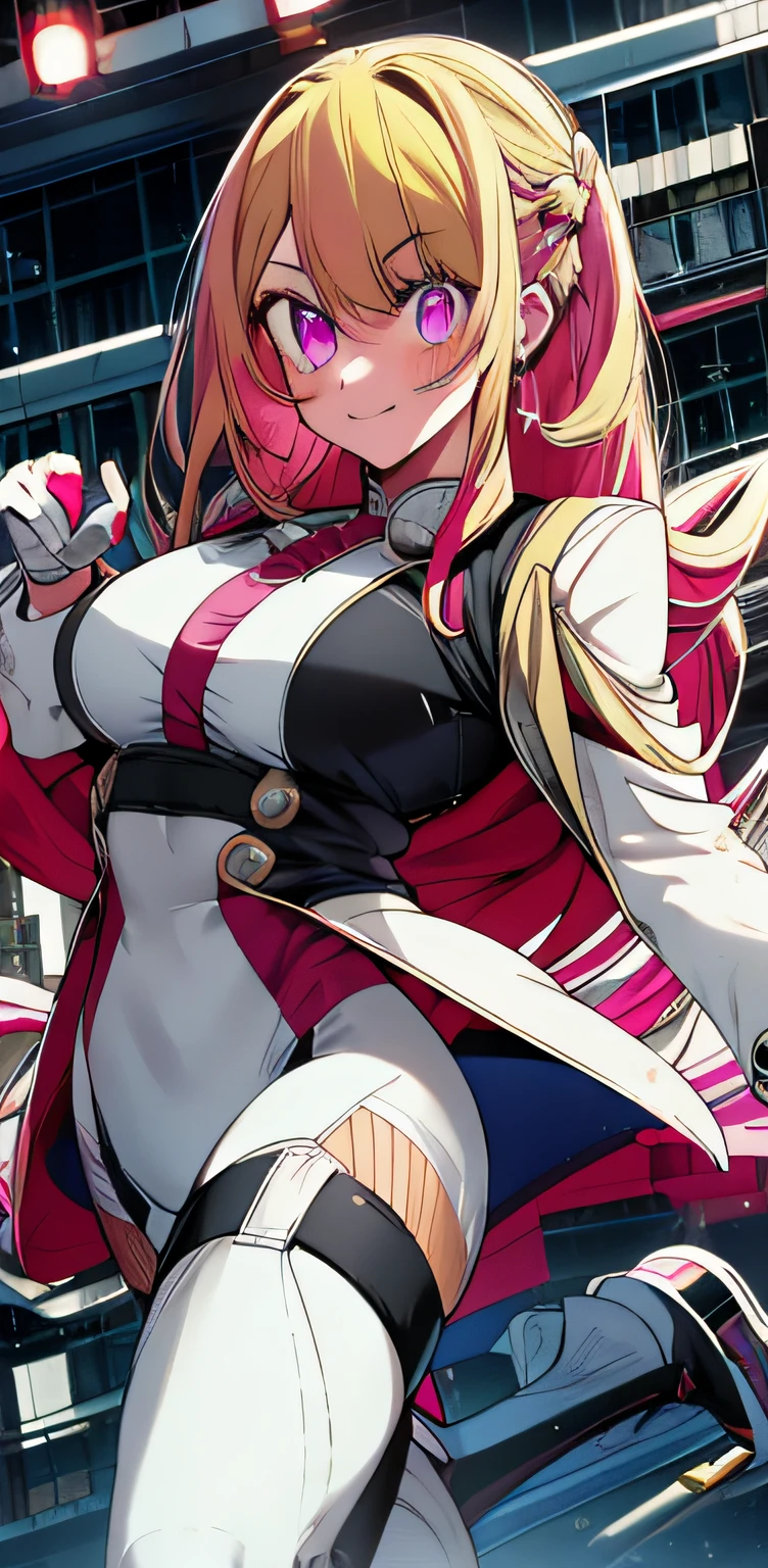 1girl, solo, my hero academia hero suit , bangs,happy,posing, multicolored hair, (masterpiece:1.2), highres, best quality, 8k, rainy city background, pink hero suit, white gloves, super hero tight suit, star-shaped pupils in left eye, blonde hair, long hair, pink eyes, blonde, bangs, posing, multicolored hair, serious