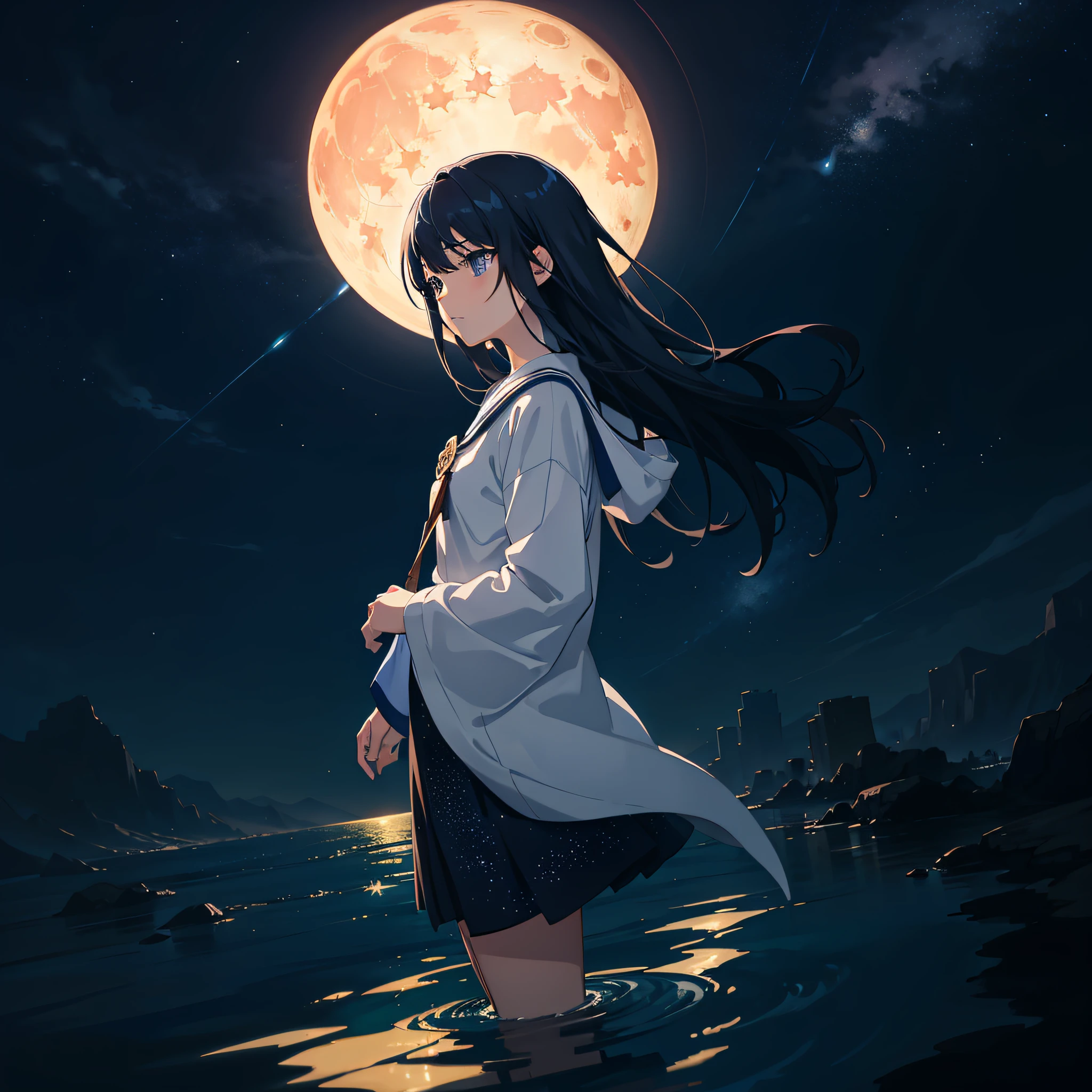 Anime girl standing in the water with a full moon in the background -  SeaArt AI