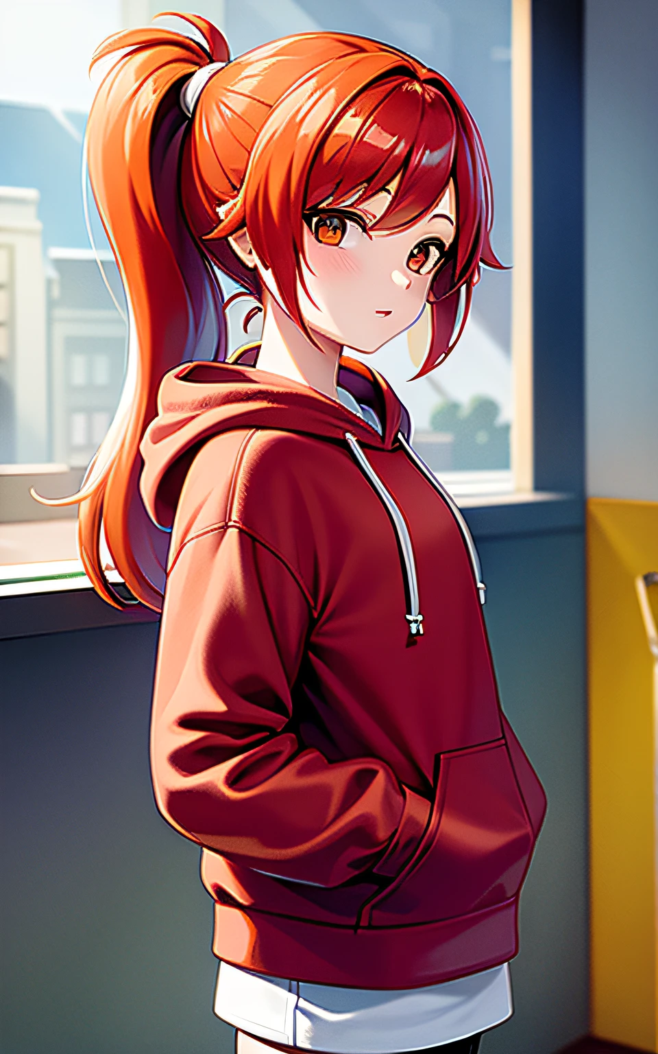 masterpiece, best quality, high quality, 1girl, auburn red hair, side ponytail, hoodie, looking at viewer, from side \(splatoon\),