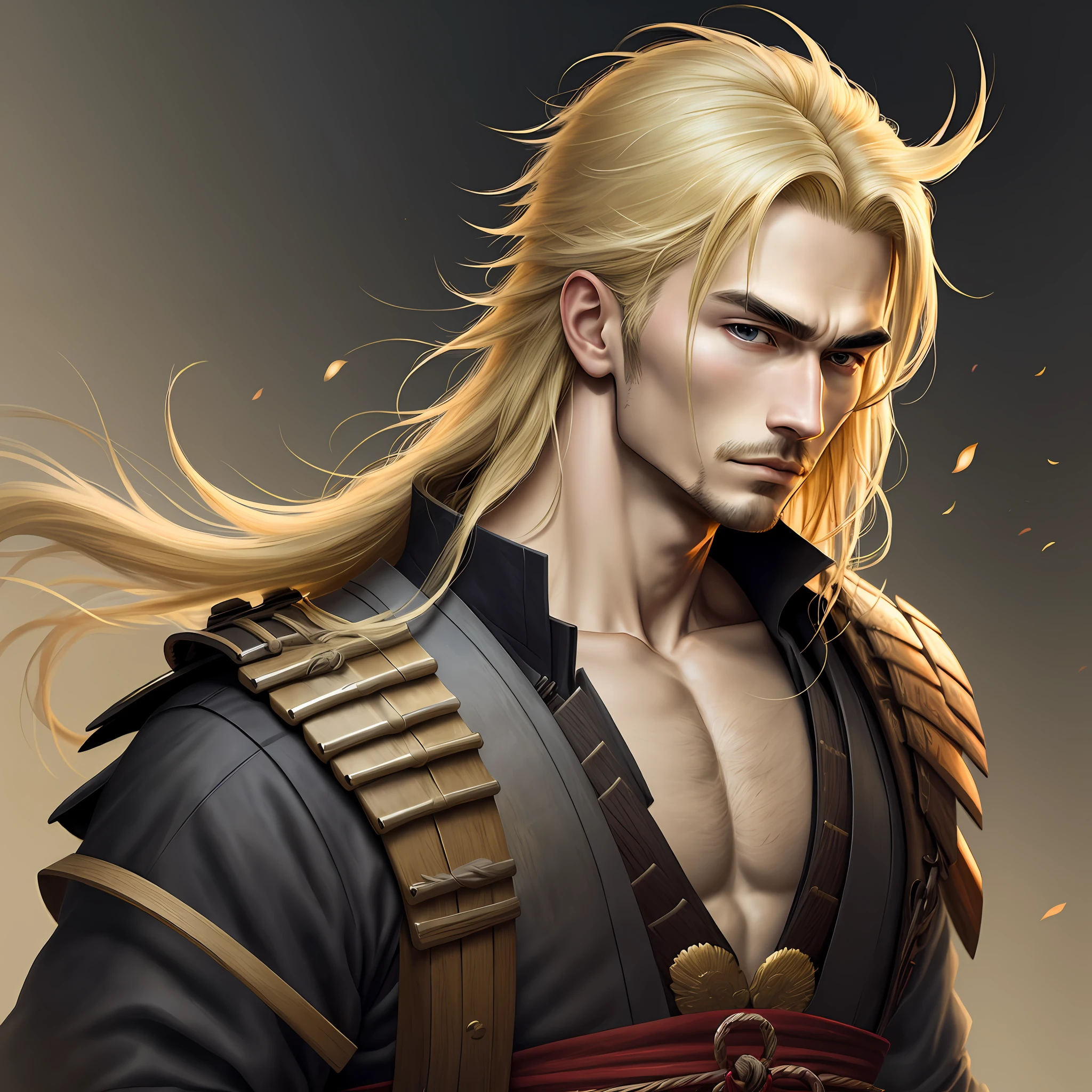 masterpiece, best quality, 1 Male, Adult, Blonde hair, Samurai, Symbolism, Art, Beautiful, Beautiful, Courage, Gentle